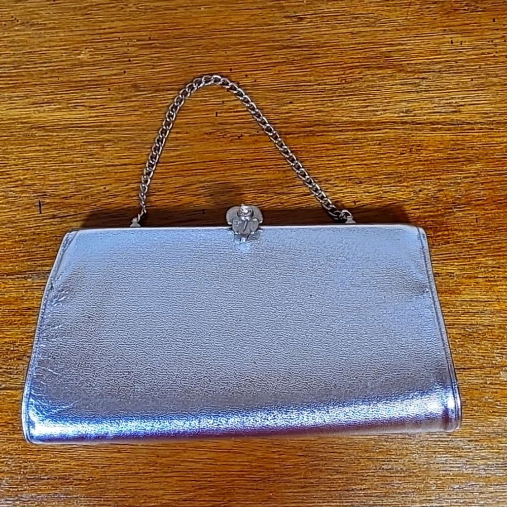 Vintage Purse Silver Leaf Clasp Chain Strap Fancy Silver Purse Evening Bag